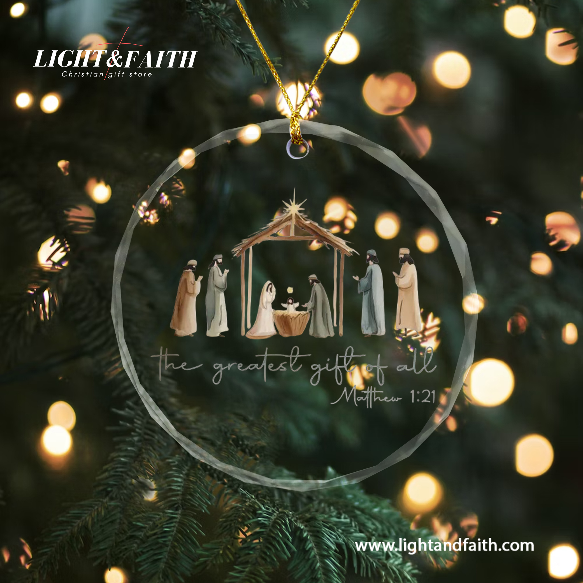 The Greatest Gift of All Glass Ornament, Nativity Scene Ornament, Matthew 1:21 Christian Christmas Decor, Holy Family Faith Gift, Religious Tree Decoration DCLAF51